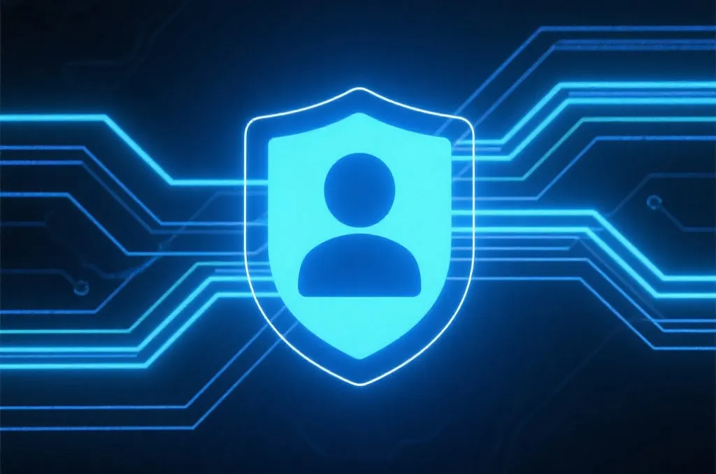 A secure personal identity verification digital concept with a shield icon and abstract blue light lines background