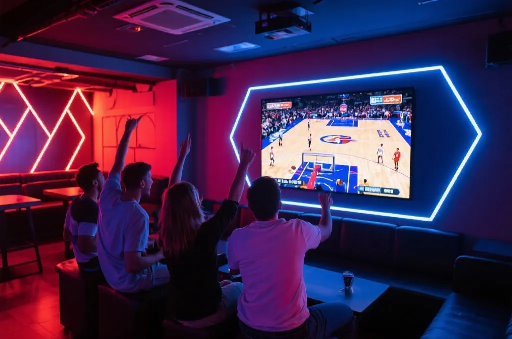 Enthusiastic basketball fans watching a live game on a screen in a vibrant and modern sports lounge atmosphere